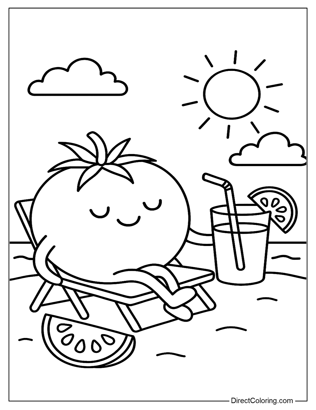 Tomato Relaxing on the Beach Coloring Book Free